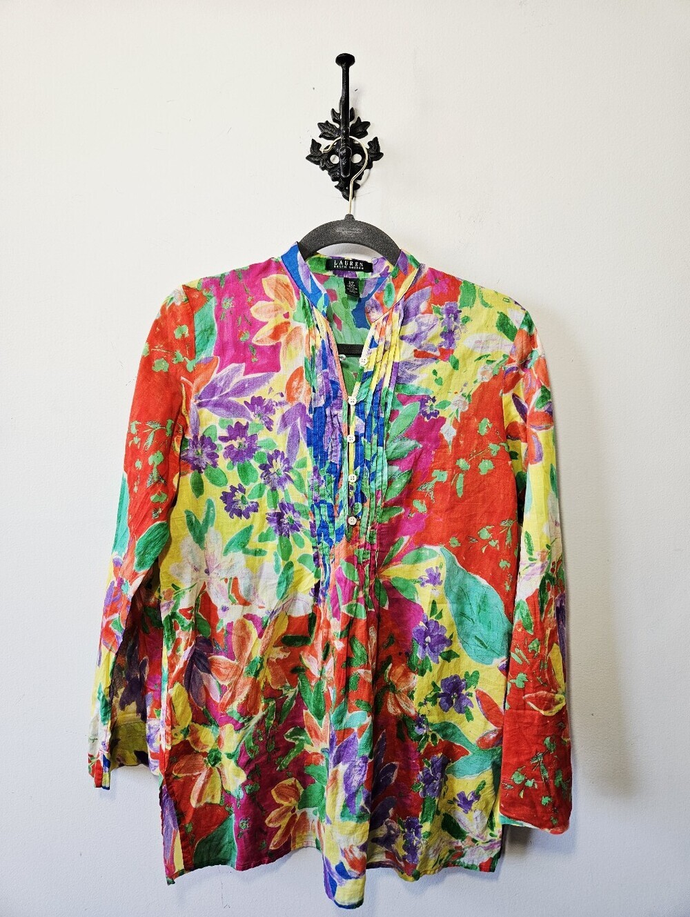 Lauren Ralph Lauren Colorful Floral Tunic Blouse Size S 100% Cotton Top